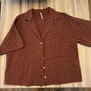 Free People Bowler Babe Shirt XS S Cotton 8AM Coffee Brown Cotton Crop Boxy Fit